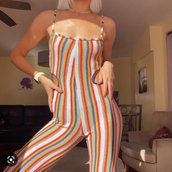 Zara Crochet Terrycloth Vertical Striped Cutout Blogger Fave Jumpsuit New Large - Picture 7 of 16